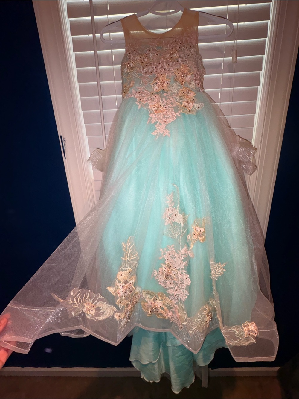 Elegant Girls' Aqua Tulle Flower Appliqué Dress